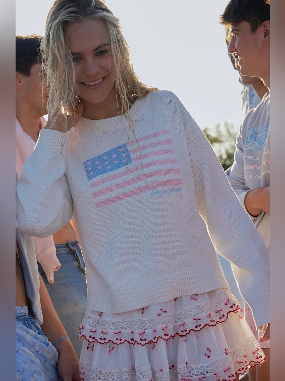 LoveShackFancy Ty Pullover White Knit Sweater with Pastel Flag Graphic Sz XS